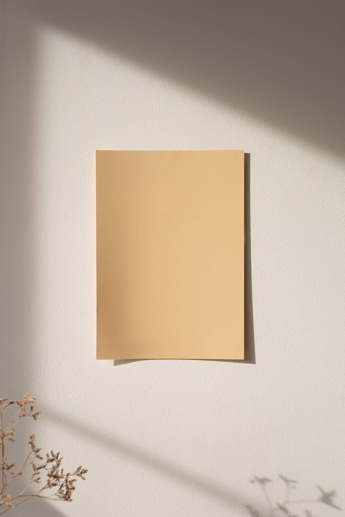 A minimalist mockup of beige paper on a sunlit wall, perfect for design presentations.